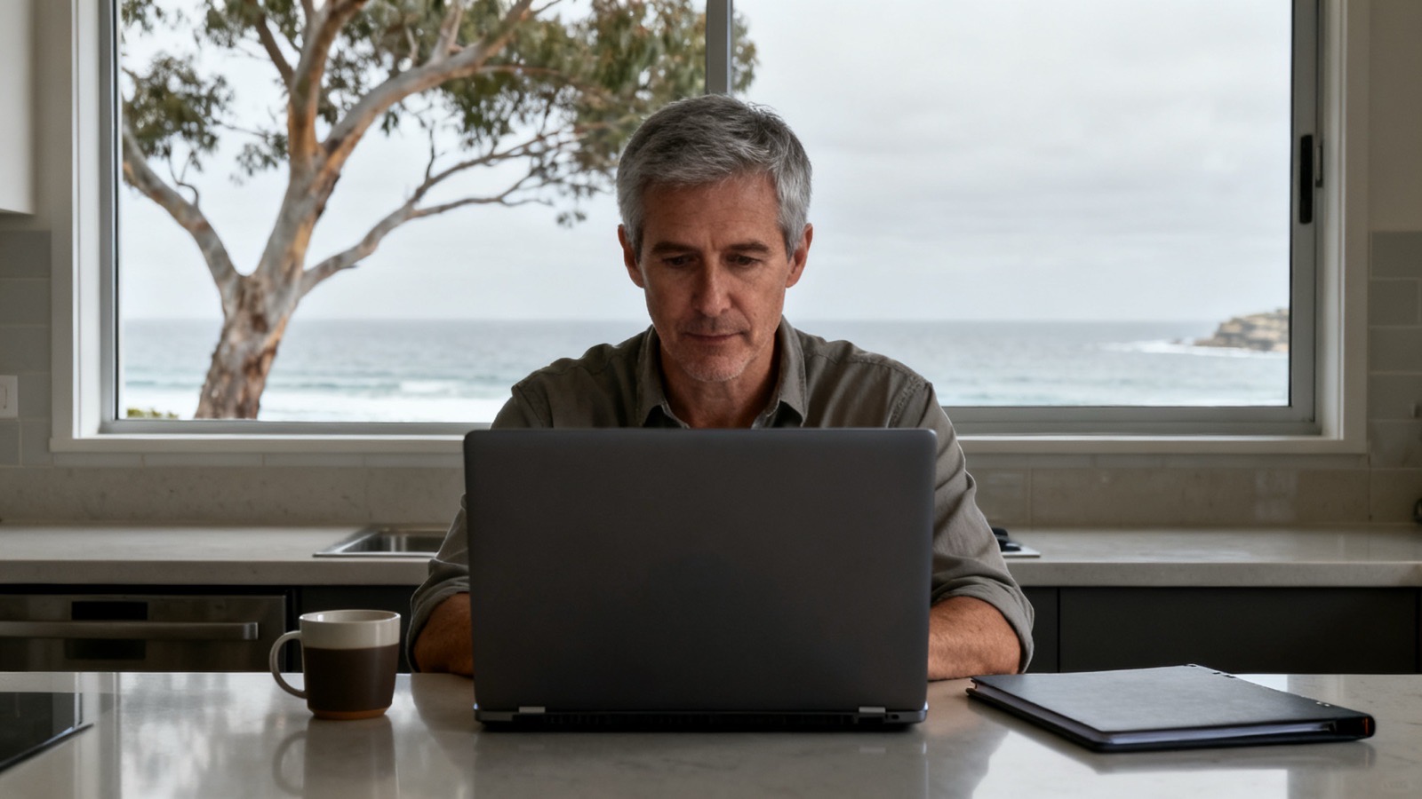A grey haired man working on a laptop at a kitchen bench, a gum and the sea through the window